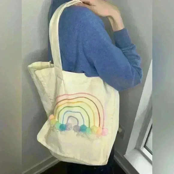 Handmade Rainbow Illustration Canvas Shoulder Bag Oversized  Tote Boho Travel - Picture 10 of 11